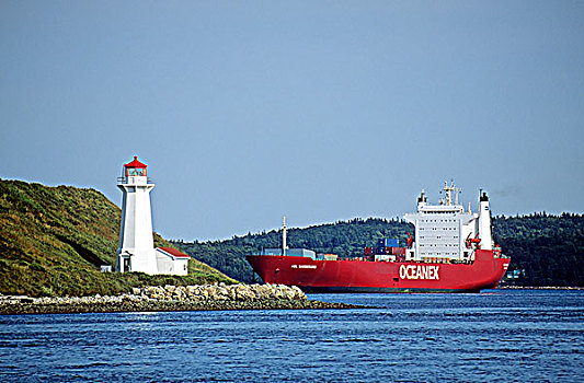 集装箱船,靠近,岛屿,灯塔,哈利法克斯,新斯科舍省,加拿大