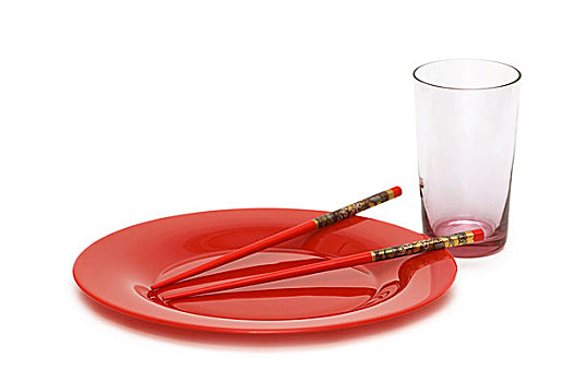 红色,盘子,筷子,空,玻璃