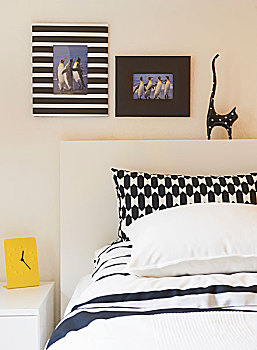 黑白,图案,枕头,装饰,画框,猫,床,床头板