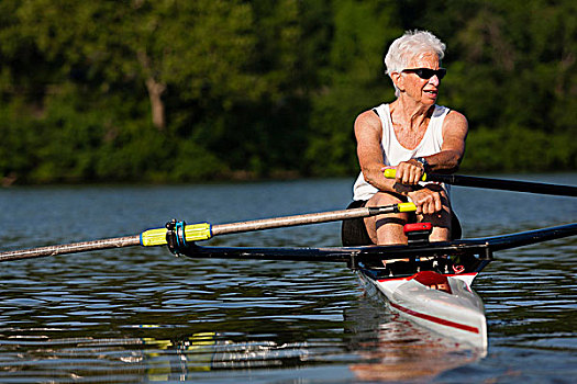 老年,女人,划船,划艇