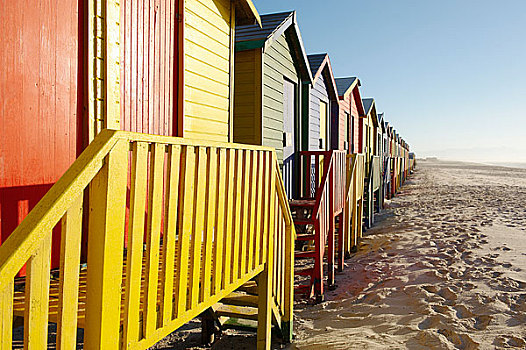 排,彩色,海滩小屋,海滩