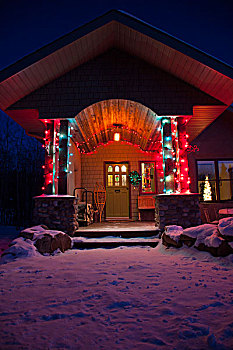 雪,家,进入,喜庆,光亮,夜晚,艾伯塔省,加拿大