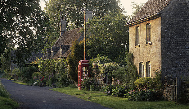 英格兰,牛津,旧式,红色,电话亭,乡村,房子