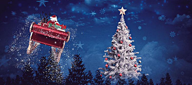 合成效果,图像,圣诞老人,飞,雪撬,夜空,上方,树林,圣诞树