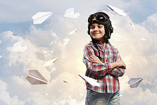 图像,小男孩,飞行员,头盔,纸飞机,背景
