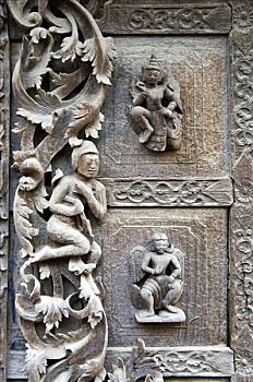 雕刻,柚木,寺院,曼德勒,缅甸,东南亚