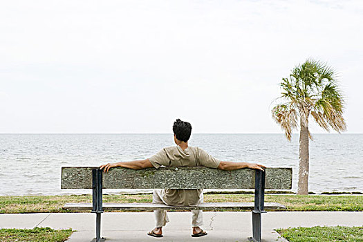 男人,坐,长椅,面对,海洋,后视图