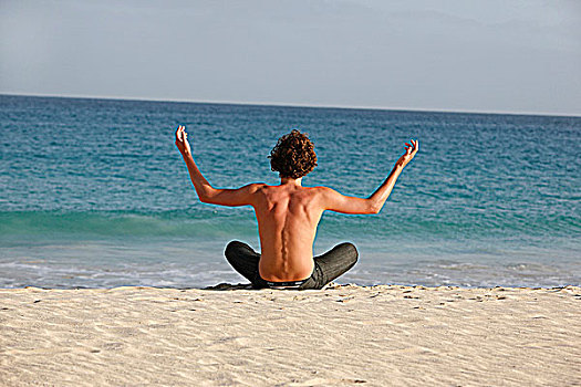 佛得角,半岛,圣马利亚,海滩,少男,瑜珈,姿态