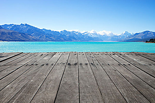 老,木地板,风景,湖,夏天,新西兰