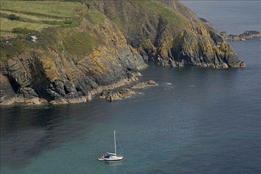 帆船,錨定,海岸,康沃爾,英格蘭,英國