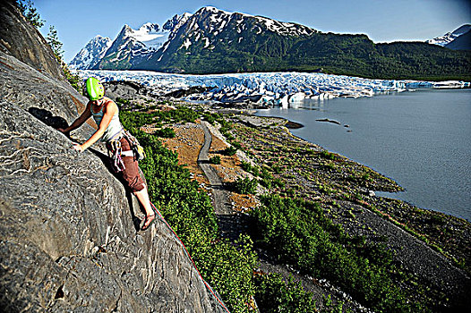 女人,攀岩,冰河,背景,楚加奇国家森林,肯奈半岛,阿拉斯加,夏天