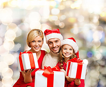 圣诞节,休假,家庭,人,概念,高兴,母亲,父亲,小女孩,圣诞老人,帽子,礼盒,上方,背景