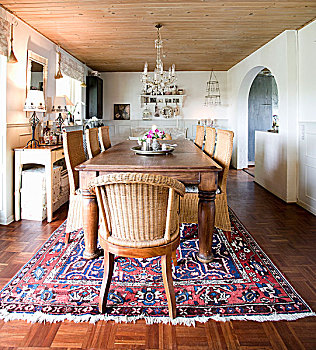 坚实,木桌子,藤椅,东方,地毯,乡村,餐厅