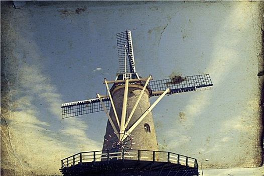 旧式,照片,荷兰人,风车,正面,蓝天