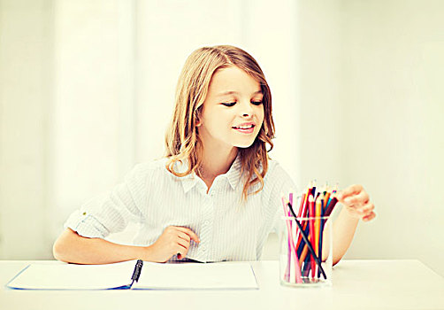 教育,学校,概念,小,学生,女孩,绘画,铅笔