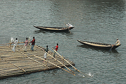 竹子,筏子,河,达卡,孟加拉,十二月,2005年