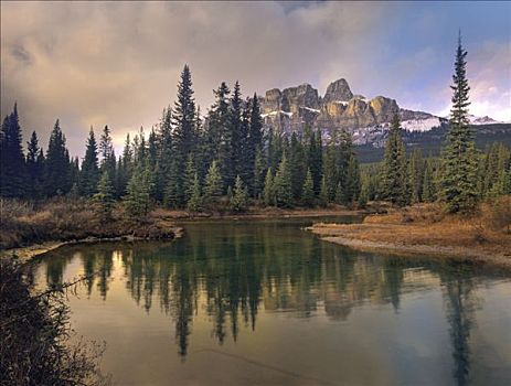 城堡山,北方针叶林,反射,湖,艾伯塔省,加拿大