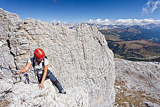 登山者,固定,绳索,路线,山,山脉,背影,白云岩,南蒂罗尔,意大利,欧洲