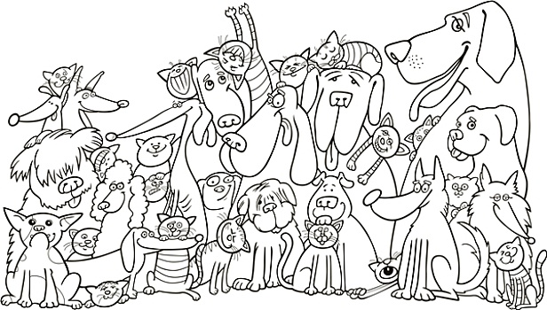 多,猫,狗,上色犬种,雕刻,矢量,插画,木刻,风格,旧式,绘画,物种,哈巴狗