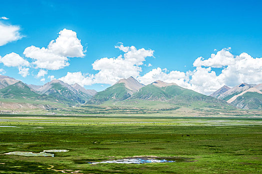 蓝天白云下的草原山脉和高原牧场,中国西藏