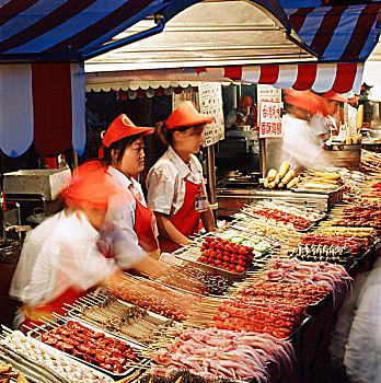 中国,北京,夜市,餐饮摊,销售,食物,扦子