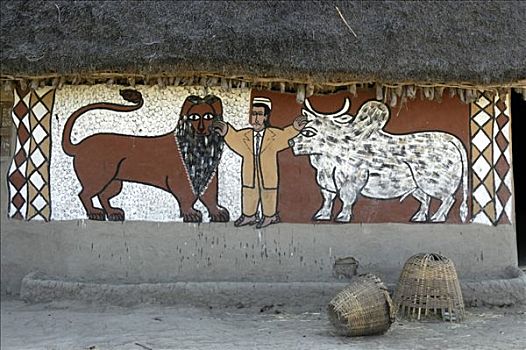 壁画,一个,男人,站立,狮子,牛,户外,墙壁,房子,埃塞俄比亚,非洲