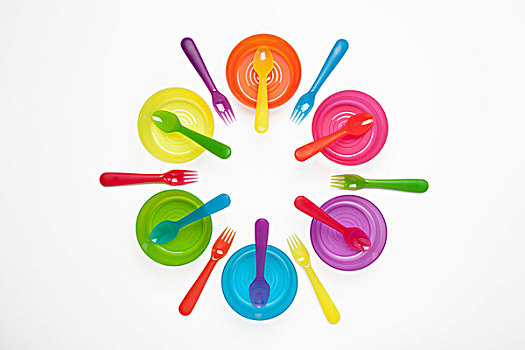 彩色,塑料制品,盘子,杯子,碗,勺子,叉子