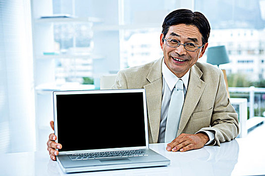 微笑,亚洲,商务,男人,展示,笔记本电脑,办公室