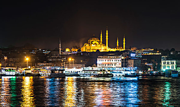 船,博斯普鲁斯海峡,夜晚,清真寺,金角湾,伊斯坦布尔,欧洲,土耳其,亚洲