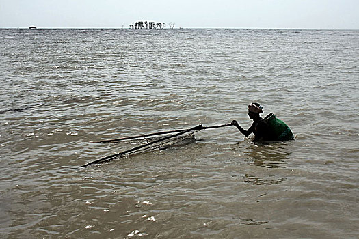 渔民,捕鱼,沿岸,区域,城市,洪水,潮汐,涌,气旋,上方,孟加拉,五月,2009年,损坏,堤,海滩