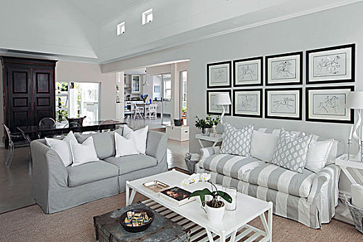 白色,灰色,沙发,仰视,绘画,墙壁,就餐区,背景