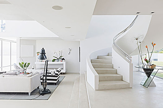 白色,现代,奢华,家,展示,螺旋楼梯,客厅