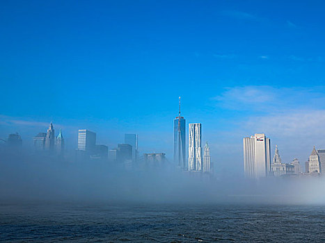 布鲁克林大桥,纽约,天际线,早晨,雾气,美国