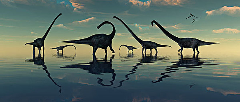 巨大,恐龙,放牧,史前,湖