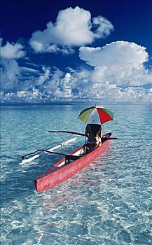 法属玻利尼西亚,泰蒂亚罗阿岛,女人,舷外支架,独木舟,伞,后面