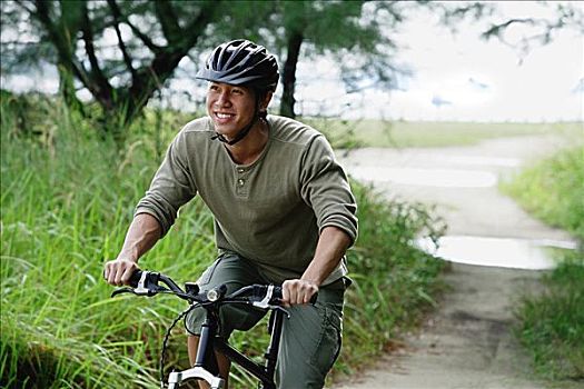 男人,骑自行车,自然,小路,微笑