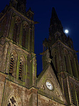 月亮,以上,苔藓覆盖的,教堂塔,随着,时钟夜,沙里伯格,法国