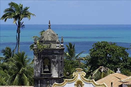 巴洛克式教堂,棕榈树,蓝色,海洋,伯南布哥,巴西
