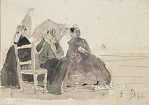 三个女人,坐,椅子,海滩,迟,19世纪,艺术家,尤金,血肠