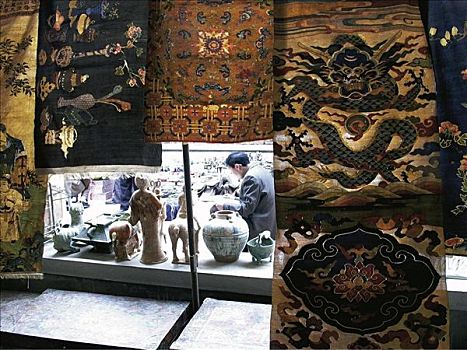 纪念品,地毯,丝绸,刺绣,手,潘家园,艺术,市场,北京,中国,亚洲