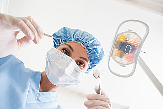 牙医,手术口罩,帽,拿着,牙齿,工具
