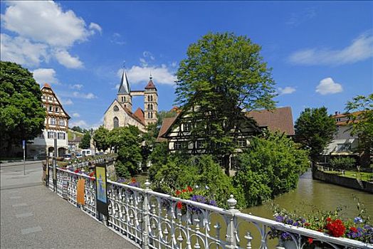 桥,内卡河,圣徒,教堂,埃斯林根,巴登符腾堡,德国,欧洲