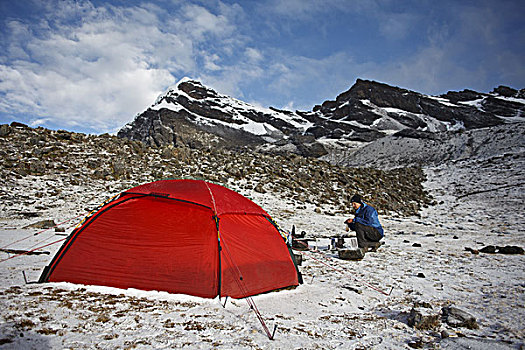 玻利维亚,山脉,帐蓬,远足,烹调,雪
