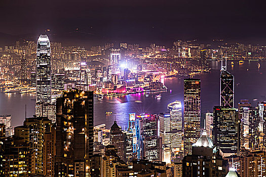 全景,太平山,高层建筑,夜晚,市中心,香港,中国,亚洲