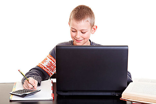 勤奋,男孩,坐,书桌,家庭作业,工作,笔记本电脑