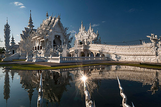寺院,庙宇,白色,反射,湖,太阳,清莱,北方,泰国,亚洲