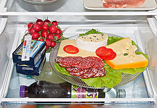 错误,食物,存储,电冰箱,展示,奶酪,大浅盘,香肠盘
