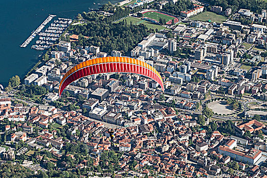 滑翔伞,飞行,滑伞运动,愉悦,度假,马焦雷湖,中心,港口,高山湖,洛迦诺,瑞士,航拍,提契诺河