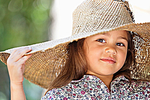 肖像,可爱,女孩,戴着,太阳帽,微笑