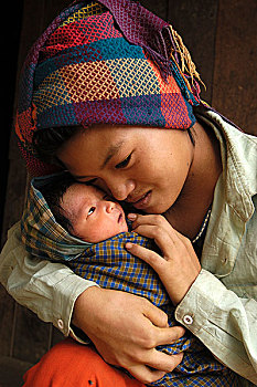 18岁,8天大,婴儿,手臂,宠物,乡村,钟点,走,远景,卡劳,南方,掸邦,缅甸
